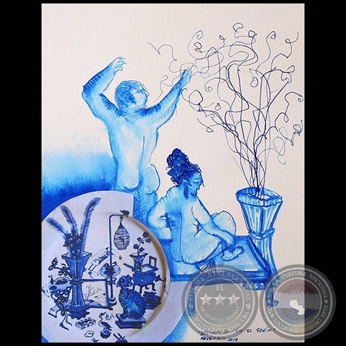 Descanso en el Edn - Serie AZUL dibujo sobre papel de Ricardo Migliorisi - Ao: 2018